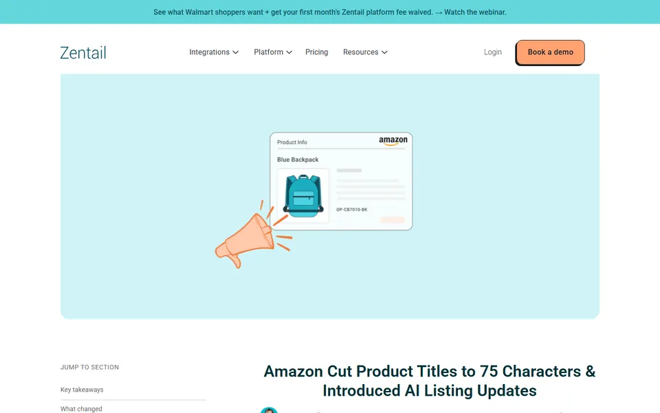Zentail article page on Amazon cutting product titles to 75 characters.